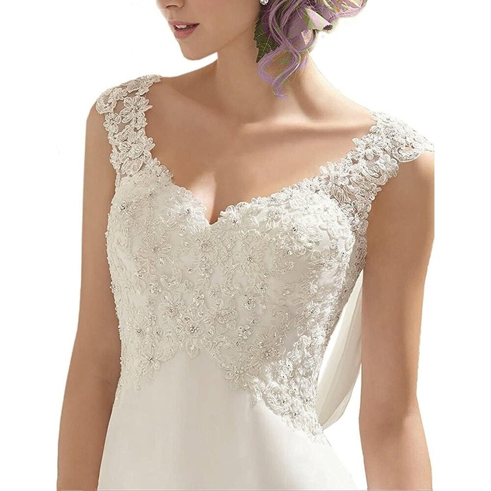 Women's Off-white Lace Double V-neck Sleeveless Imported Evening Wedding Dress - Picture 3 of 6